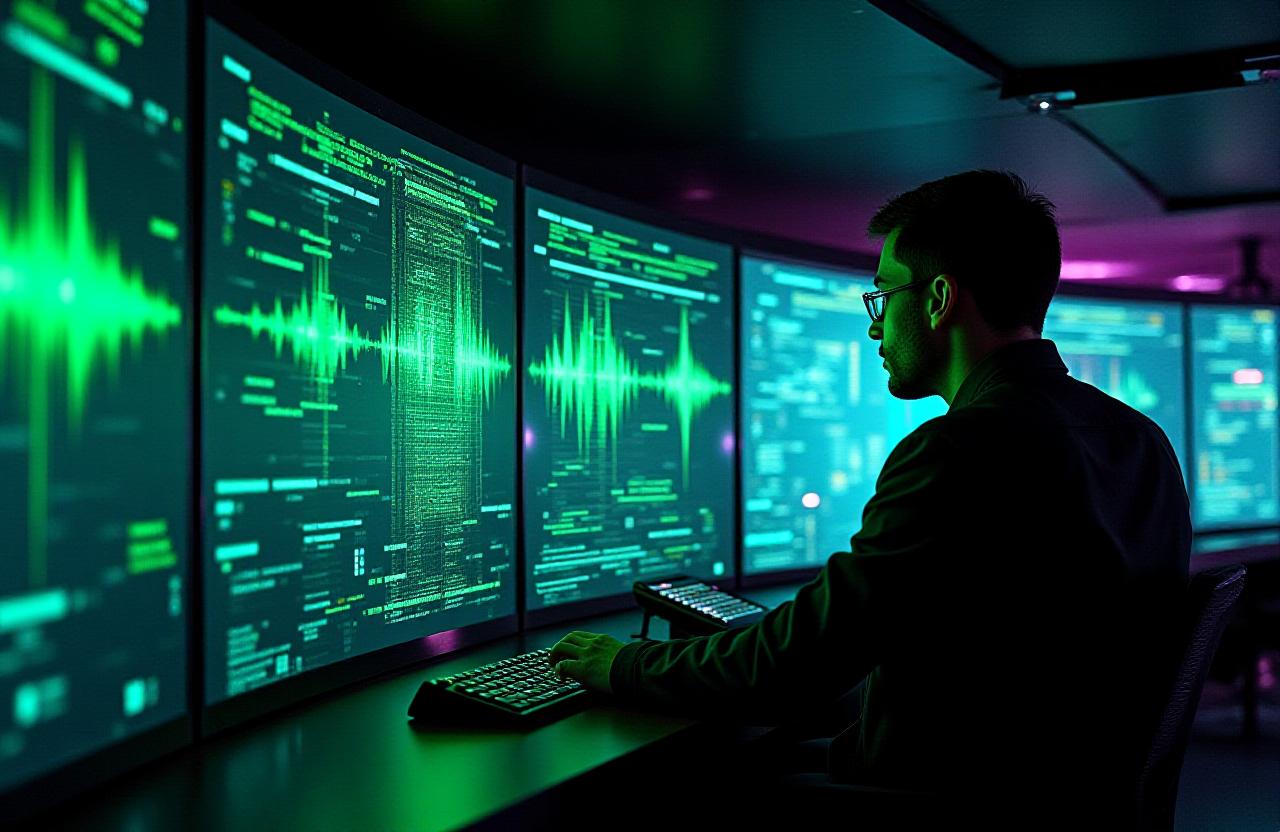 Nautical themed data control center with glowing green holographic displays